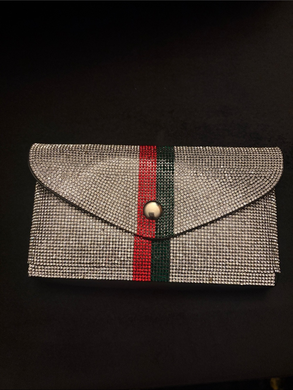 Clutch’- Silver Crystal Envelope with Red and Green Stripe, loop for belt attach